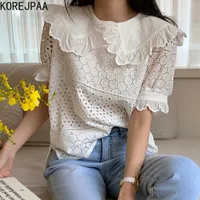 Korejpaa Women Shirt Summer Korean Chic French Temperament Doll Collar Lace Hollow Crochet All-Match Puff Sleeve Blouses 210526
