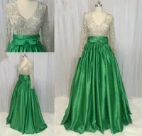 Amazing Emerald Green A Line Prom Avondjurken Formele Jurken Afrikaanse Satijnen Lange Illusie Mouwen Crystal Beaded Bruidsmeisjes Pageant Dresess