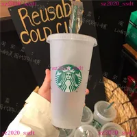 Starbucks 24OZ/710ml Plastic mug Tumbler Lid Reusable Clear Drinking Flat Bottom Pillar Shape Straw Bardian Color changing Flash cup