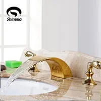 Gold Bathroom Shower Faucet Cold Deck Mount Dual Handle Three Holes Swan Modern Type Tub Mixer Tap Sets