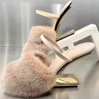 newest Designer High heeled slippers womens sandals Fashion Mink hair Real wool F heel shoes Genuine Leather sole 8.5 cm Heels women sandal slipper factory shoe