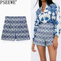 Pseewe Za Woman 2021青いハイウエストショーツ女性夏のヴィンテージのコントラスト刺繍ショートパンツストリートウェア緩いカジュアルショーツG1220