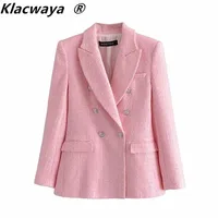 Klacwaya za blazer mulheres moda rosa textura xadrez casual primavera outono dobro casaco breasted 220314