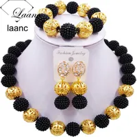 Laanc Schwarz Imitation Perle Perlen Afrikanische Schmuckset Nigerianische Hochzeit Z6jq018 Halskette Sets Armband Ohrringe für Damen 210720