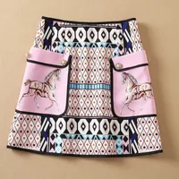 2022 Spring Summer High Waist Elegant Pink Horse Print Beaded Pockets Knee-Length A-Line Fashion Skirt 21O301020