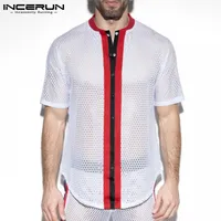 Мужские повседневные рубашки мужчины CamiSeta Streetwear Striped дышащая сетка удобная кнопка мода круглый шеи рубашка S-5XL Tops 2021 Incerun