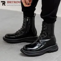 Boots RIBETRINI Brand Design Skidproof Sole Shoelaces Patent Leather Motorcycles Boot Stylish Winter Shoes Women