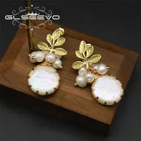 GLSEEVO Natural Fresh Water Baroque Pearl Earrings For Women Plant Leaves Dangle Luxury Handmade Fine Jewelry GE0308 220119