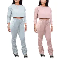 Meihuida 2021 Moda kadın İki Parçalı Set, Katı Yuvarlak Boyun Açık Göbek Gömlek Elastik Kuvvet Bacak İstifleme Pantolon Cepleri Eşofman Ile