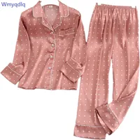 WMYQDLQ Pijamas de seda de hielo Mujeres de manga larga Sexy Pijamas Pantalones de otoño Trajes de impresión Pijama Pijama Conjuntos Zonas ocasionales de solapa 210830