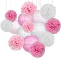 15 stks / set 8-10 inch licht roze wit ronde chinese papier lantaarns tissue papier bloem ballen voor verjaardagsfeestje bruiloft decoratie Q0810