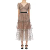 滑走路が望む自己ポートレートドレスのスパンコールの刺繍網の女性の高いウエストフリルパーティー長いES 210603