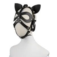 Vuxen anime Cosplay Harness Bondage Head Hood Cat Ears Läder Mask för ansikte Kvinnor Män Par Tillbehör Sexleksaker Svart Röd