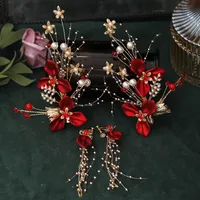Oorbellen Ketting Forseven Vintage Chinese stijl haar clip set rode pin bloem clips vrouwen hoofdtooi sieraden jl