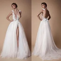 Sexy Backless 2022 Bohemian Boho Berta Wedding Dresses Lace 3D Appliqued A Line Deep V Neck Beach Bridal Gown Tulle Split Side Wedding Dress