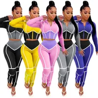 Sportwear Patchwork Set Long Sleeve Zipper Top Jogger Pant Tracksuits Fitness Two Piece Outfits Matching