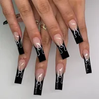False Nails 24pcs Lunga Ballerina Stampa su Unghie Staccabile Black Fire French Tips Full Cover Utensili indossabili Manicure