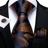 8cm Fashion Gold Feather Print Men&#039;s Silk Ties Handkerchief Cufflinks Set Business Party Necktie Gravatas Gift For Men DiBanGu