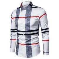 2021 Business Casual Plaid Shirt Mäns Formell Workwear Wedding Dress Slim Social Party Clothes Khaki Kolla in Shirt