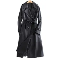 Lautaro Long black leather trench coat for women long sleeve belt lapel Women fashion Luxury spring British Style outerwear 220125