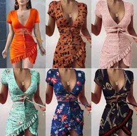 Floral Print Fashion Tie Up Wrap Mini Dress 2021 Summer Holiday Ruffles Sundress Ruched Women&#039;s casual dresses Short Sleeve S-3XL 051901