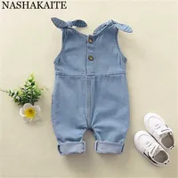 NASHAKAITE Baby Girl Clothes Shoulder Bandage Jeans Overalls Pocket Deco Cute Denim born Jumpsuit 220124
