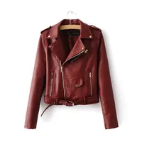 Giacca da donna in cuoio faux molla giacca autunno girevole colletto girevole regolabile cintura cappotto moto epaulet zip asimmetrica