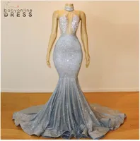 Elegant High Neck Silver Sequins Prom Klänningar Sexig Backless Mermaid Long Evening Gowns BC0679