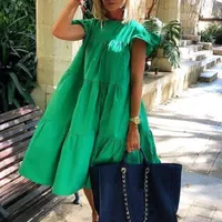 Propcm Yaz Kadın Elbise Rahat Ruffled Kısa Kollu Büyük Hem Bir Hattı MIDI Vestidos Katı Renk O Boyun Günlük Parti Streetwear Giysileri