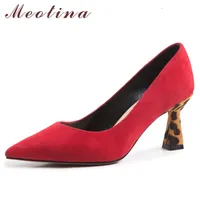 Meotina 하이힐 여성 신발 아이 스웨이드 이상한 스타일 높은 뒤꿈치 신발 진짜 가죽 표범 지적 발가락 파티 신발 빨간색 크기 39 210520