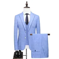 Costumes pour hommes Blazers Brand Sky Blue Plaid Men Suit Classic Groom Wedding 3 pièces Set Prom Dîner Blazer Tuxedo Slim Fit Veste Pantalon