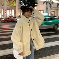 Kvinnors ull blandar kawaii tjock lammrock kvinnor 2021 höst vinter koreansk stil lös varm plysch stativ krage outcoat unga flickor student