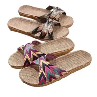Suihyung multicolore Pantofole di lino per le donne Summer Scarpe da interno Casa casual Slides Cross Blet Ladies Flip Flops Sandali 210903