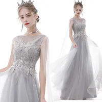 Light Grey Beaded Long Party Dresses 2021 Bruidsjurk Women Lace Appliques A Line Tulle Arabic Wedding Guest Gown Casual