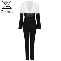 Z-Zoux女性セットブレザーパンツセットブラックホワイトカラーマッチングビンテージスーツコートハイウエストセクシーな2つのピース2021女性