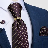 Bow Ties Gold Striped Purple Silk For Men With Tie Ring Wedding Men&#039;s Neck Handkerchief Hanky Cufflinks Cravat Gift DiBanGu