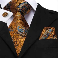 Hi-Tie 100% Silk Luxury Mens Floral Black Gold Ties Paisley NeckTie Pocket Square Cufflinks Set Men&#039;s Wedding Party Tie