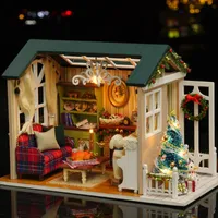 装飾的なオブジェクト置物DIYクリスマスミニチュアドールハウスキットリアルなミニ3D木造住宅室の工芸品LEDライトDec