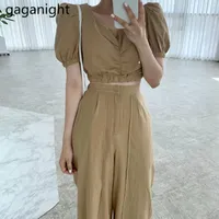 Women&#039;s Two Piece Pants Gaganight 2 Set Women Sexy Square Collar Short Sleeve Crop Top+High Waist Wide Leg Pant Outfits Solid Fitness Suit
