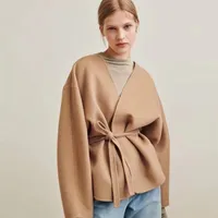 Totem* Wool coat short Cardigan Cassic ANNECY series V-neck arc si-shaped Silhouette Belted Jacket Tight Waist 220106