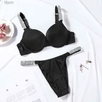 bras Sexy Letter Rhinestone Lingerie Slips Set Push Up Panty 2 Piece for Women Comfort Adjustable Underwear Sets Black