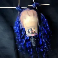 Perucas sintéticas Blue Curly Curly Wig Dark Bob Pré Estado Padrado Calor Resistindo Middle Style Lace Front 150 Density