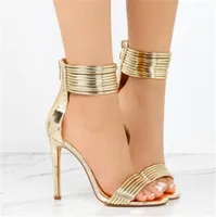Sestito 2021 damas brillo cubierta de cuero tacones gladiador sandalias mujer peep toe back cremallera zapatos dama fina alta