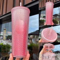 2021 Starbucks Tumblers rosados ​​de doble gradiente Durian Tazas de paja Tumblers Mermaid Plastic Water Coffee Coffee Taza de regalo