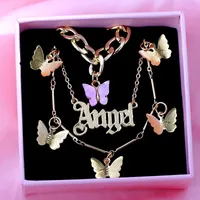 Bohemian Multilayer Butterfly Hanger Kettingen Voor Vrouwen Gouden Metalen Brief Angel Chunky Collier Punk Sieraden Geschenken Kettingen