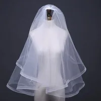 Weils Bridal White Ivory Dwie warstwy Tulle Wedding Short z Cut Edge Lace Veil Comb Applique