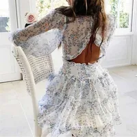 Boho inspirado Harlow Floral Impressão Ruffle Dress Mulheres Backless V-Neck Dress Mini Verão Senhoras Party 220221