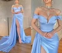 2022 Gökyüzü Mavi Saten Mermaid Abiye Yüksek Bölünmüş Kapalı Omuz Balo Parti Abiye Zarif Hiçbir Cap Robe de Soiree Vestidos de Fiesta