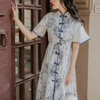 우아한 레트로 드레스 여름 2021 중국 스타일 레이스 중공 프린트 싱글 브레스트 cheongsam 드레스 qipao vestidos 11956 민족 의류