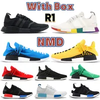 Kutusu NMD R1 İnsan Yarışı Erkek Tasarımcı Koşu Ayakkabıları Gurur Üçlü Siyah Beyaz Hu Pharrell Sarı Kırmızı Tek Renkli Erkek Kadın Sneakers Eğitmenler